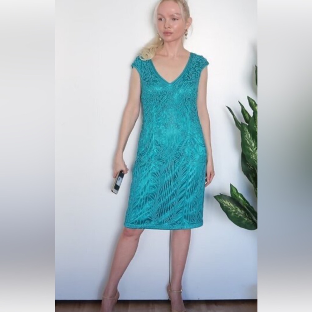 Sue Wong nocturne turquoise teal Elegant Teal Lace Dress Sz 2 heavy
